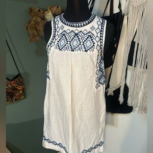 Lucky Brand Embroidered Linen Blend Tunic Dress S Boho Mini Cover Up Blue White